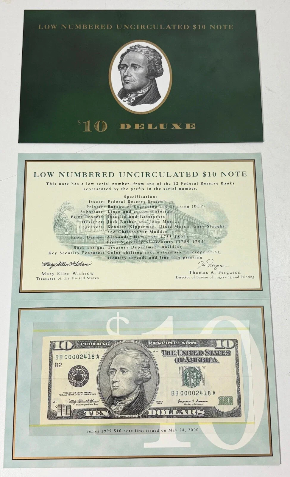 BEP 1999 $10 Low Numbered Uncirculated Note