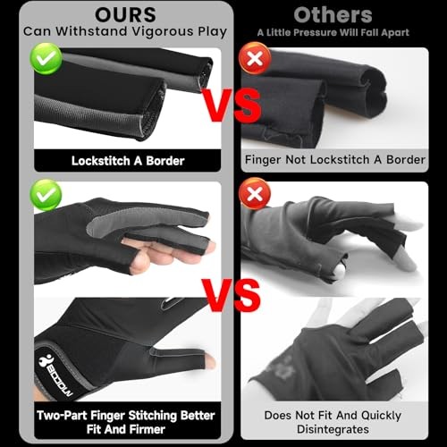 Billiard Pool Gloves for Left Hand 3 Finger, Splicing Process, Large Black