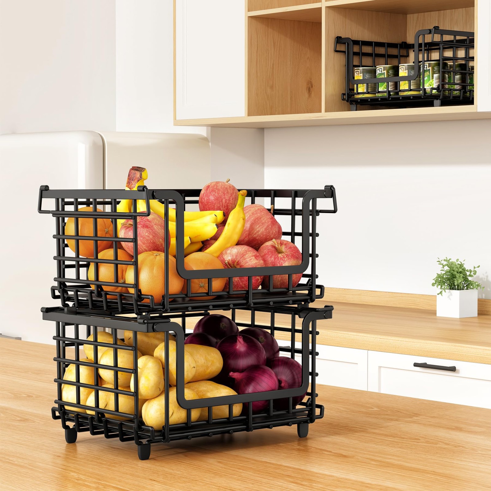 2 Pack Stackable Metal Wire Vegetable Fruit Basket for Kitchen Counter Cabine...