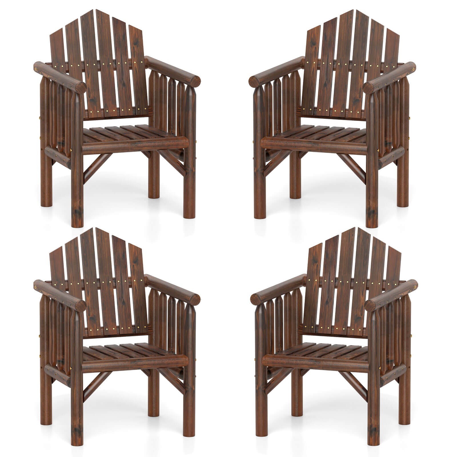 4PCS Outdoor Wood Armchair w/Armrests and Reclined High Backrest for Porch