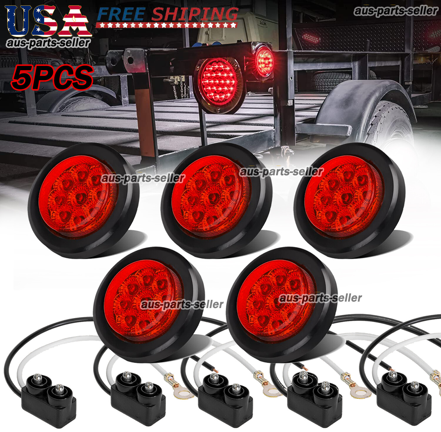 5pcs 2" Inch DOT Red Round Trailer 9 LED Marker Lights w/ Grommet for Truck RV