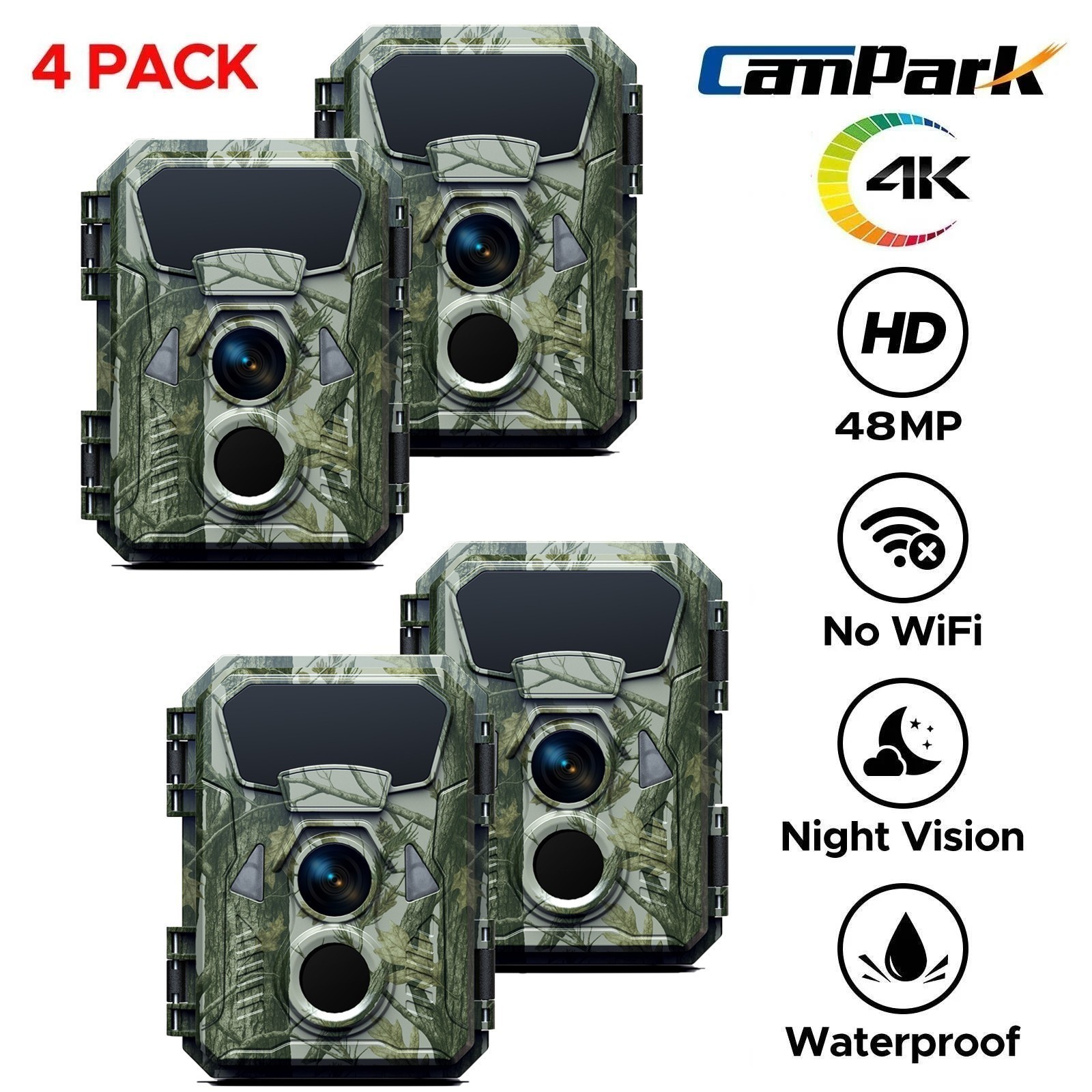 4Pcs Trail Camera 4K HD 48MP Wildlife Hunting Game Camera 120°Wide Angle IP66 US