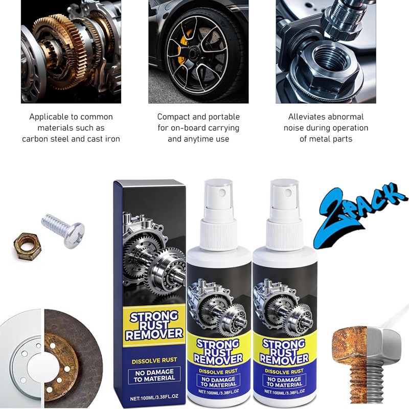 2PCS Strong Rust Remover 100ml/3.38fl.oz Powerful Rust Removal Spray For Cars