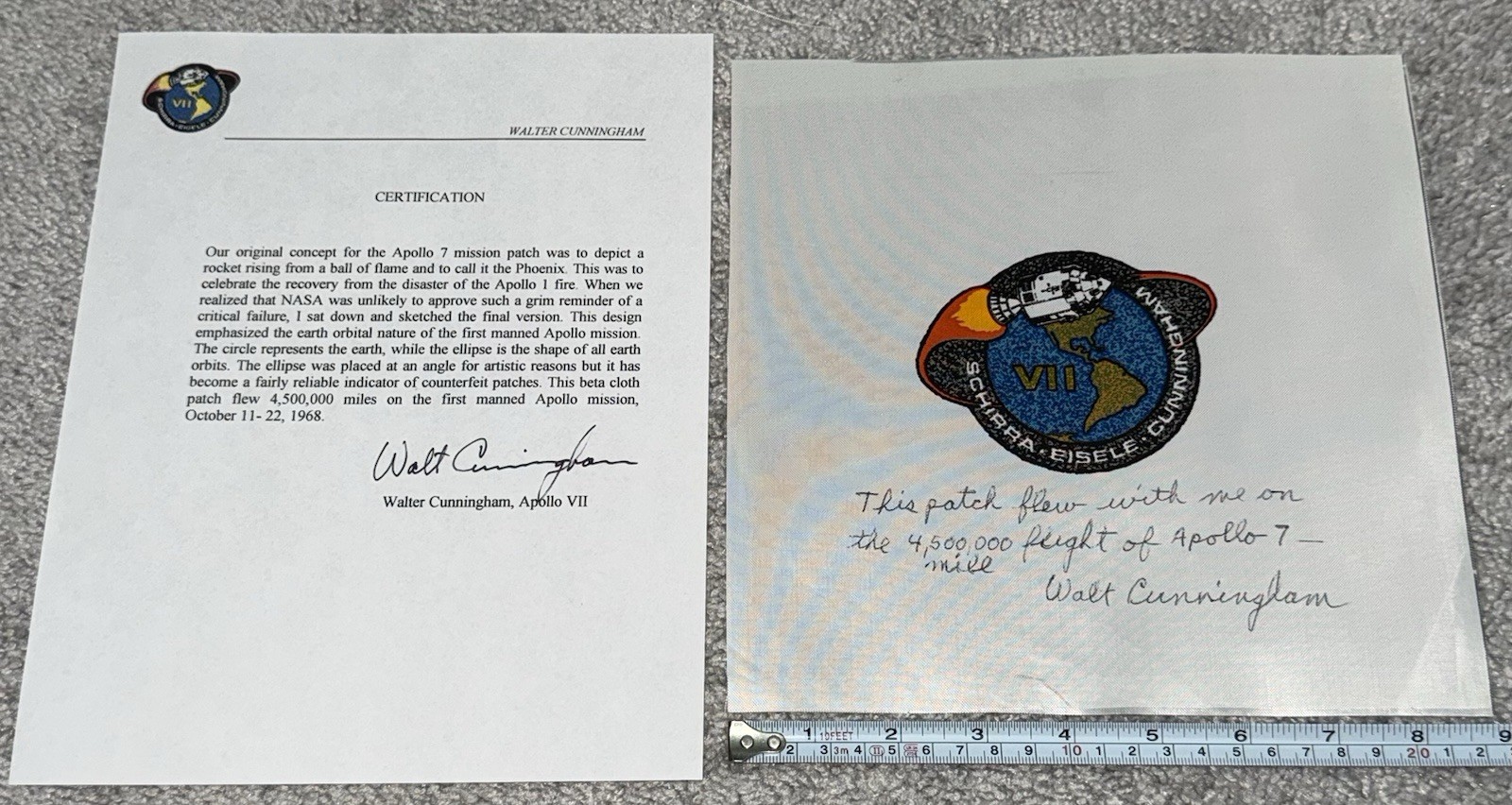 Apollo 7 flown beta cloth patch - Walt Cunningham COA