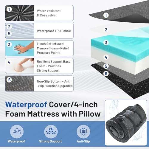 Memory Foam Camping Mattress Pad with Small Single/Cot: 72*24*4" Dark Gray