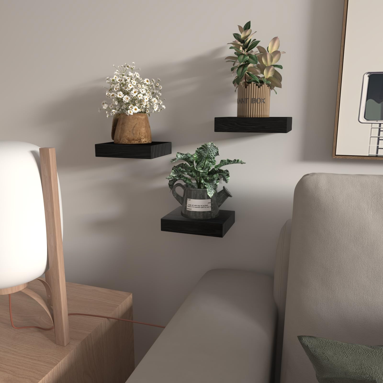 3 PCS Small Floating Wall Shelf 6 Inch Mini Square Black Decor Office
