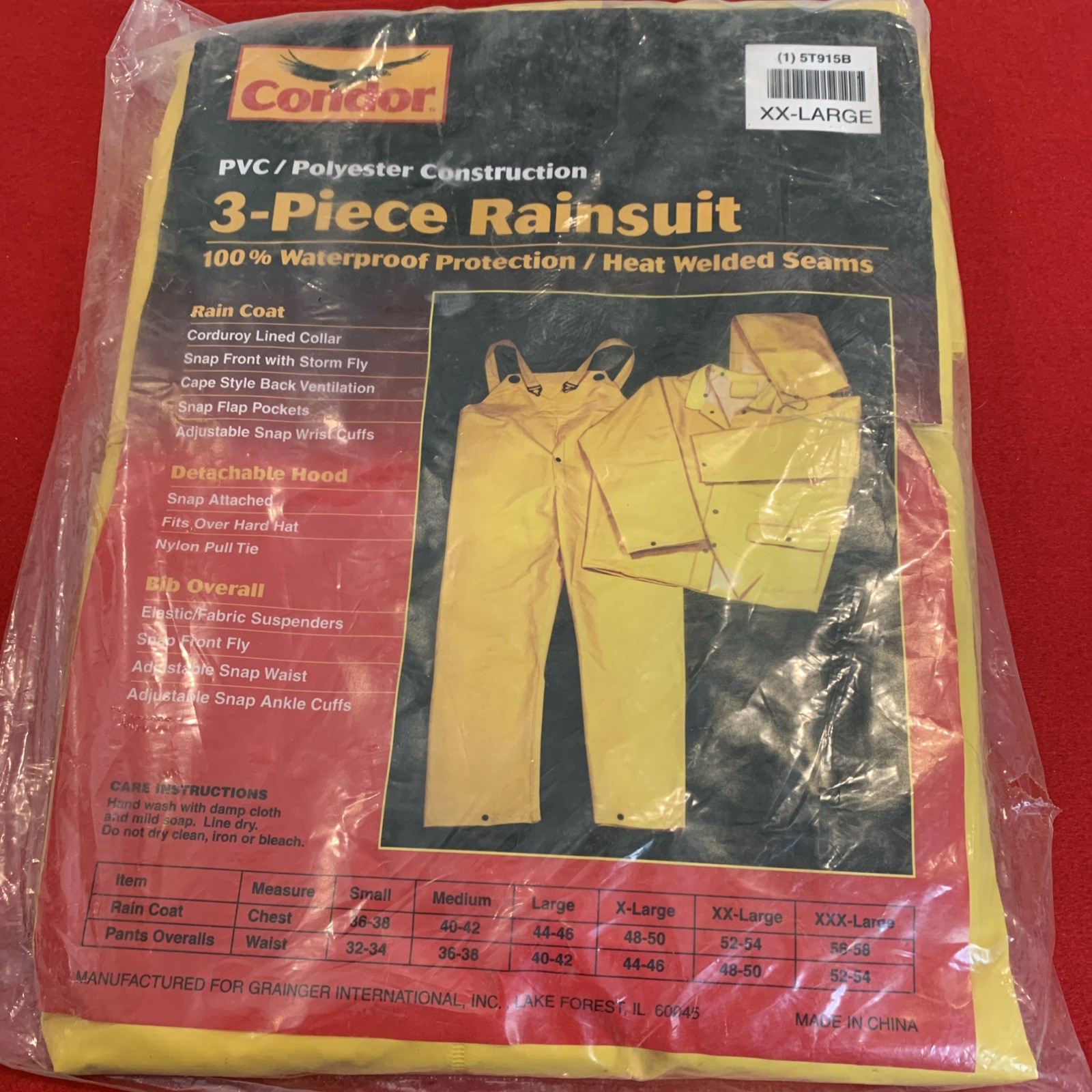Condor PVC 3 piece rainsuit 100% waterproof jacket bib overall 2XL yellow