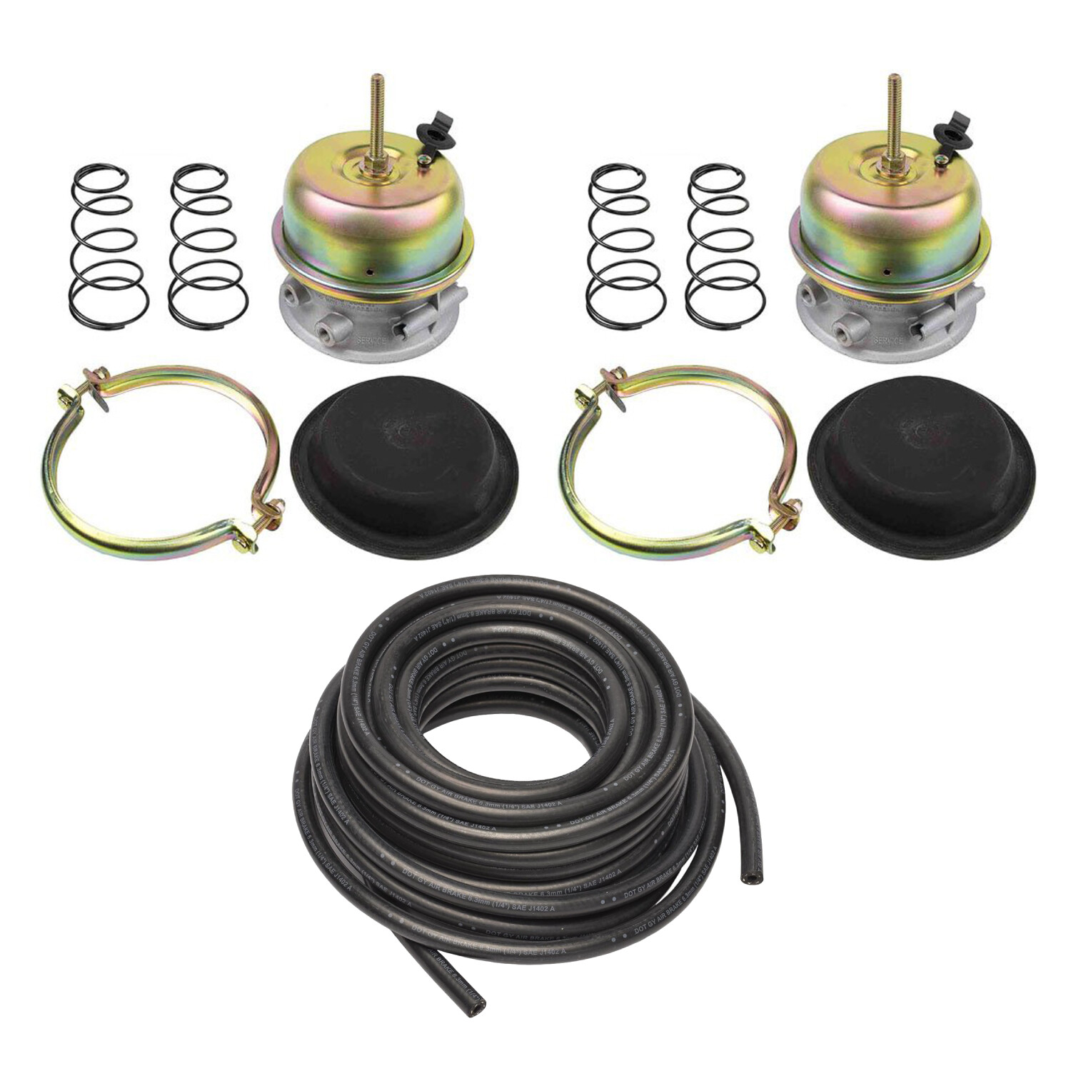 Pair Piggyback Air Brake Chamber Kit Type 3030 with 3/8 x 50ft Air Brake Hose