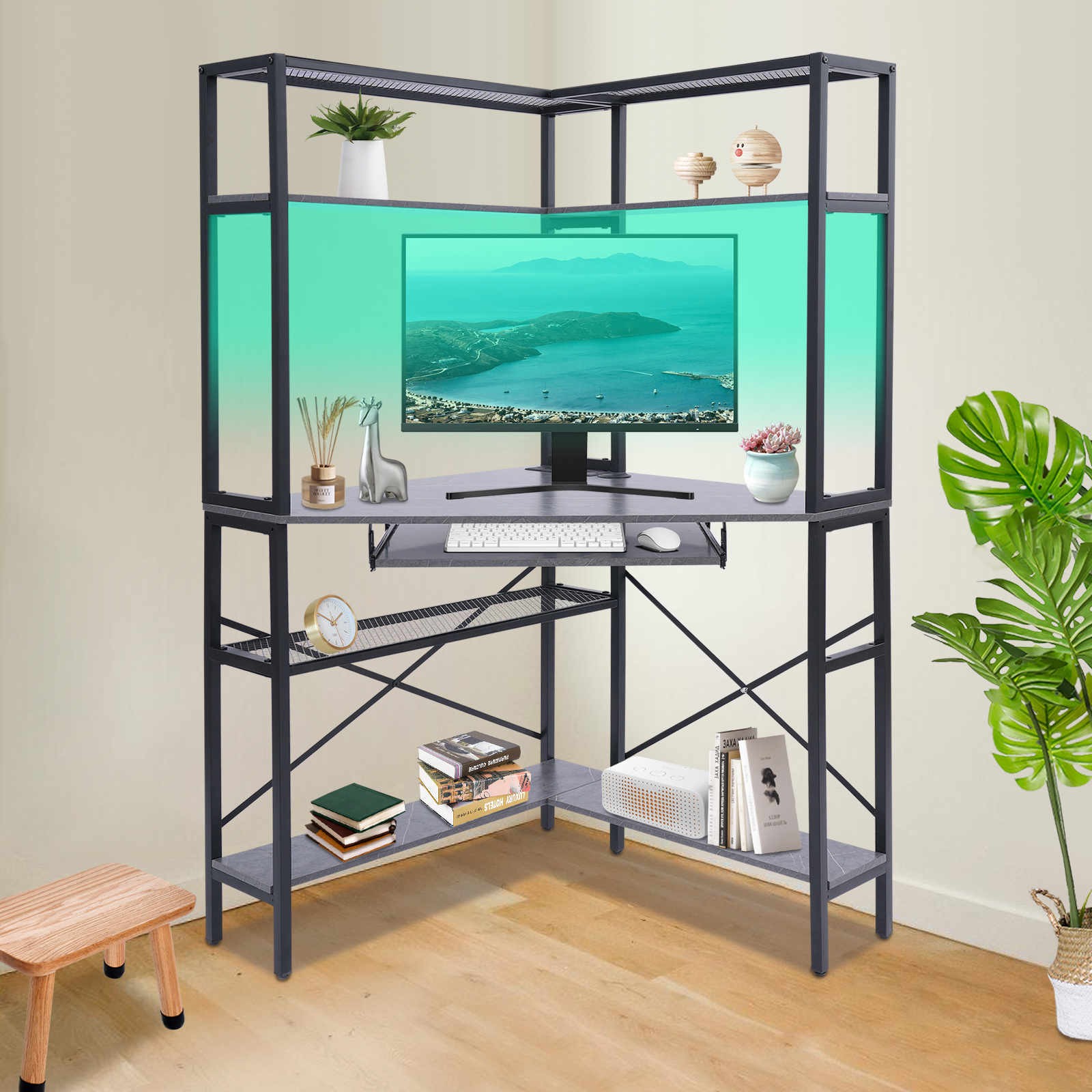 Corner Computer Desk With Led Lights & Power Outlets, L-shaped Gaming Desk