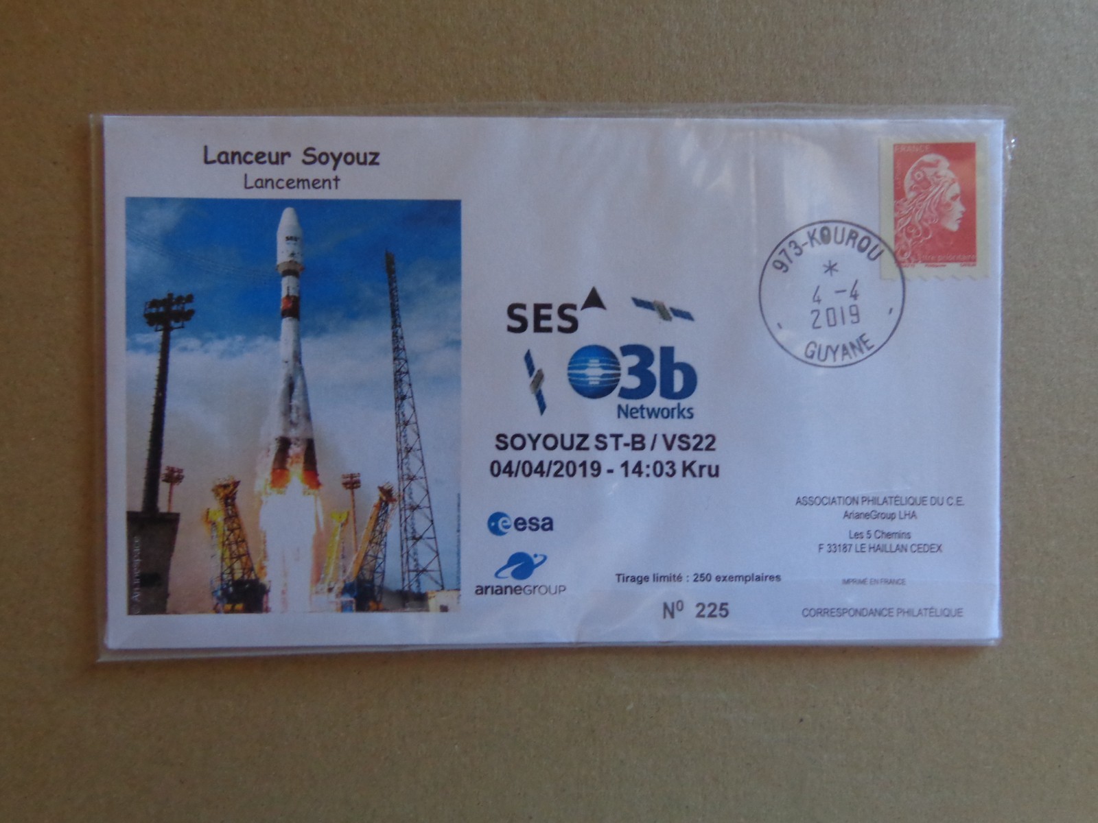 2019 - FDC - GUYANE, SPACE, SES 3B, SOYOUZ ST-B/VS22, LANCEUR SOYOUZ, n° 225/250