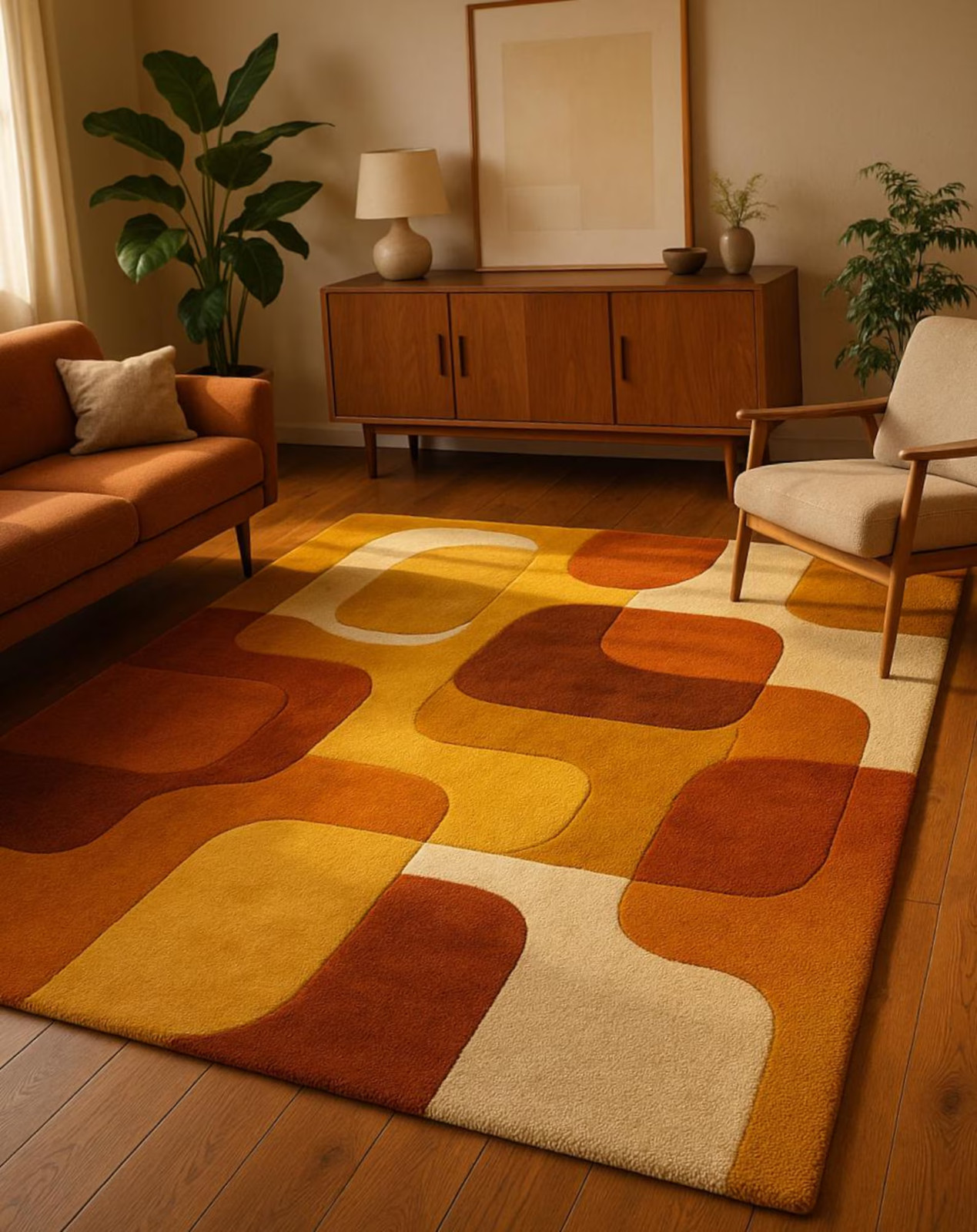 Mid Century Modern Wool Rug Geometric Area Rug Burnt Orange Mustard Yellow