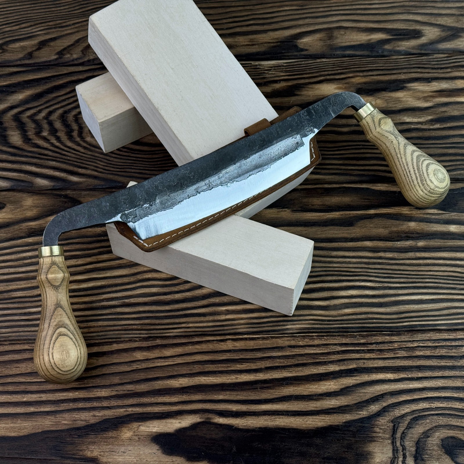Drawknife with Leather Sheath. Wood Shaping Tool. Ash Handle. Gift for Beginner