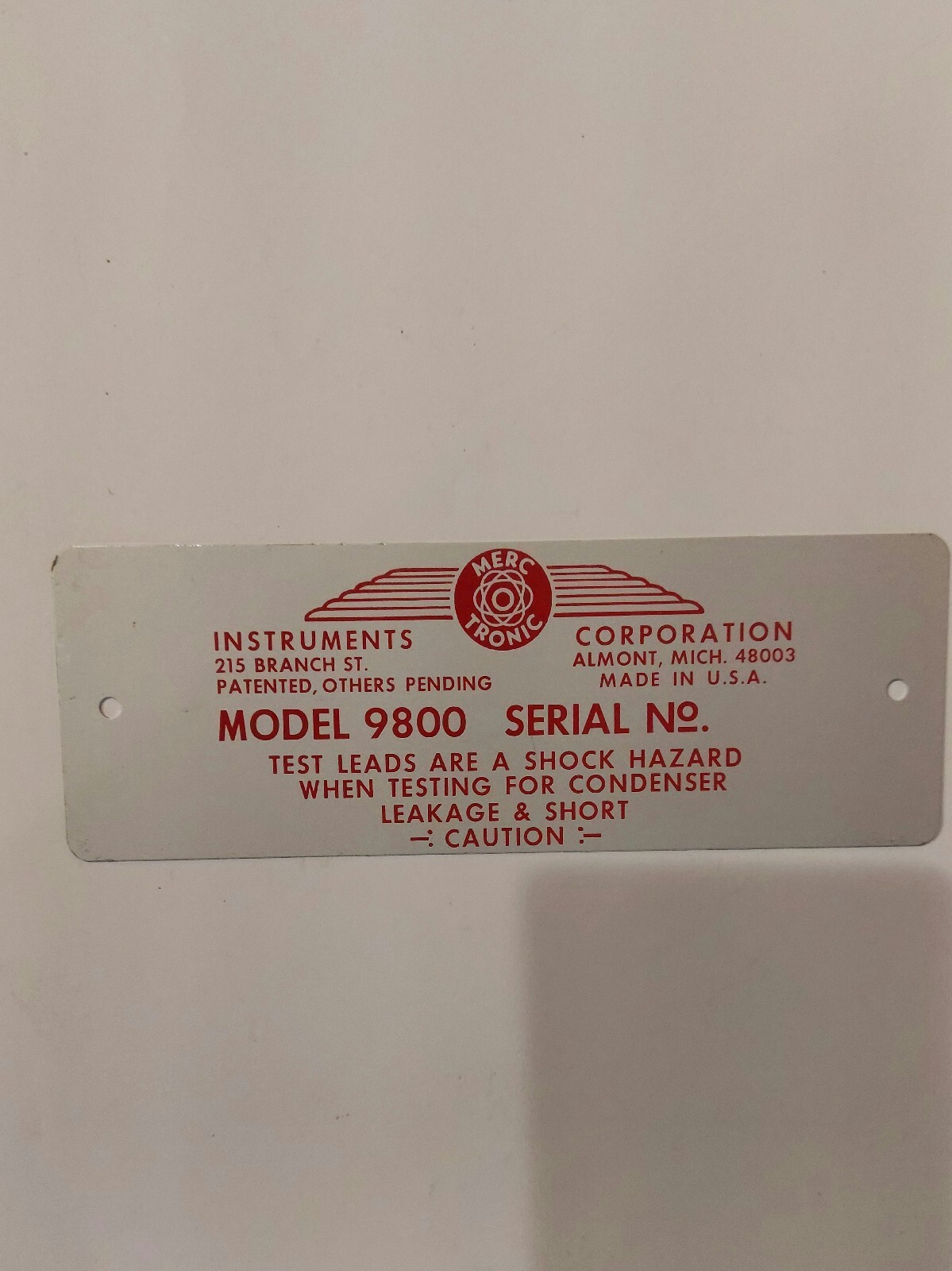 Merc-O-tronic Model 9800 Name Plate