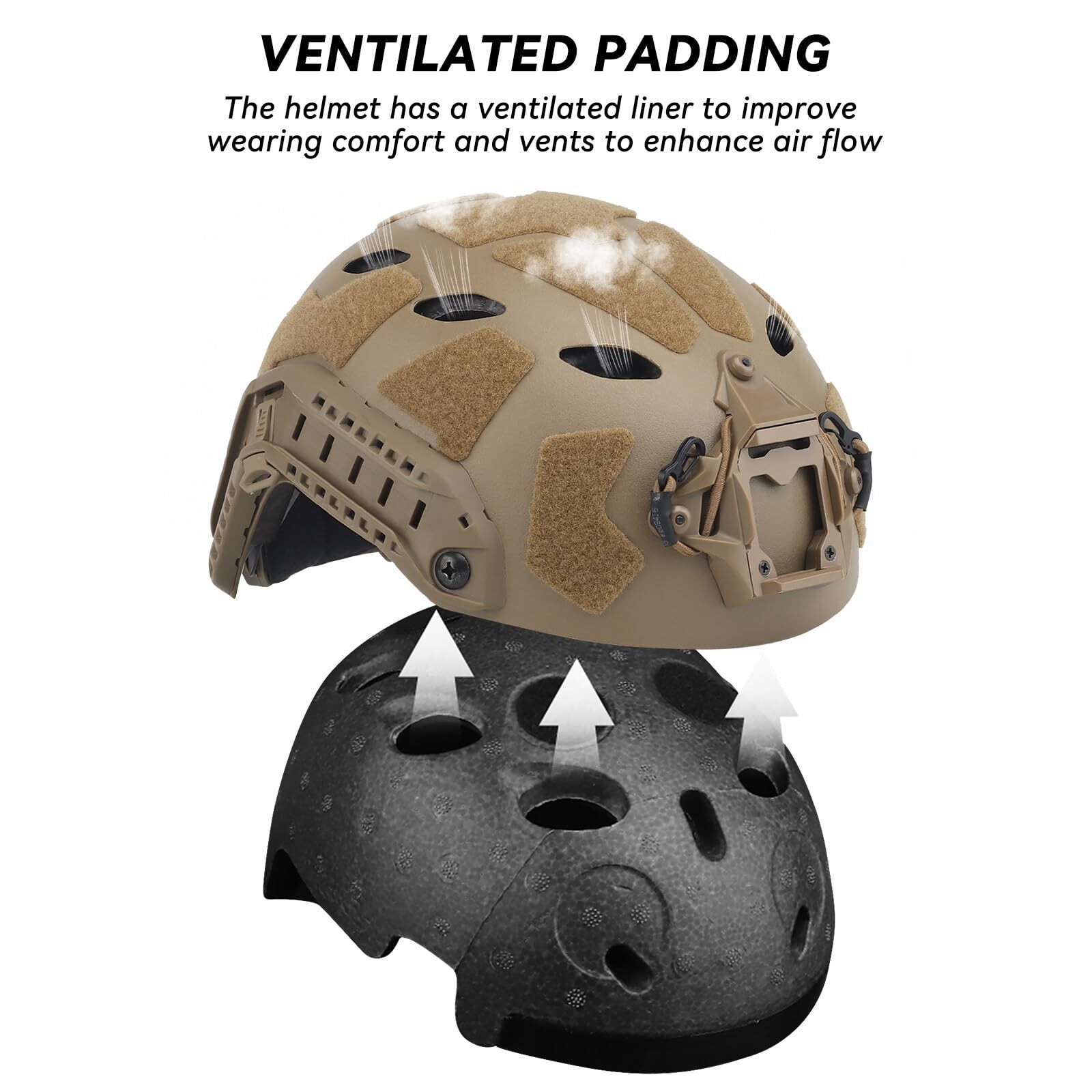 Tactical Airsoft Helmet w/ NVG Mount, Side Rails & Headset Strap - Tan