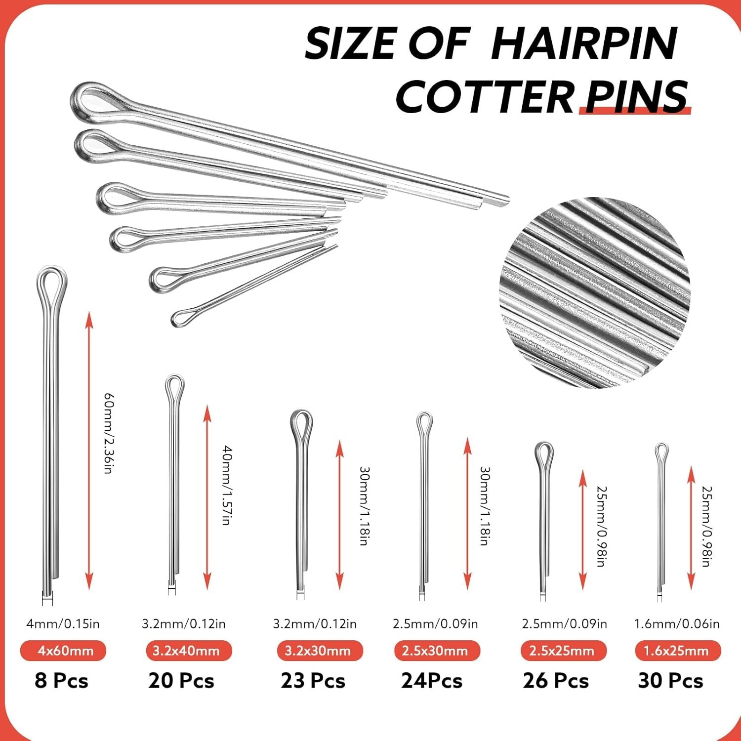 304 Stainless Steel Cotter Pin Assortment Kit, 220 Pieces