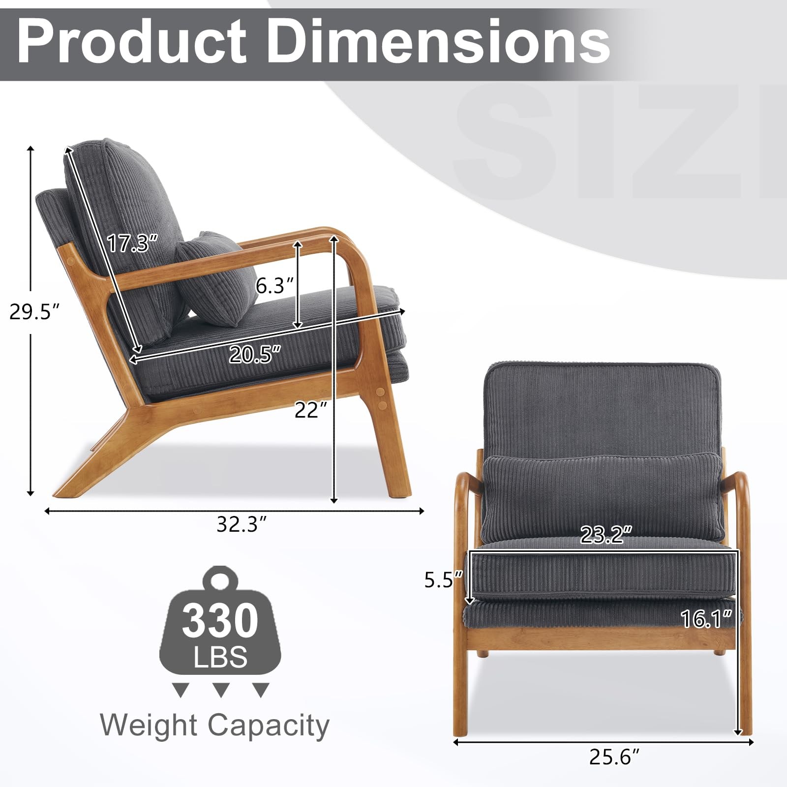 Ergonomic Corduroy Armchair with High-Density Sponge with Back Pillow for Porch
