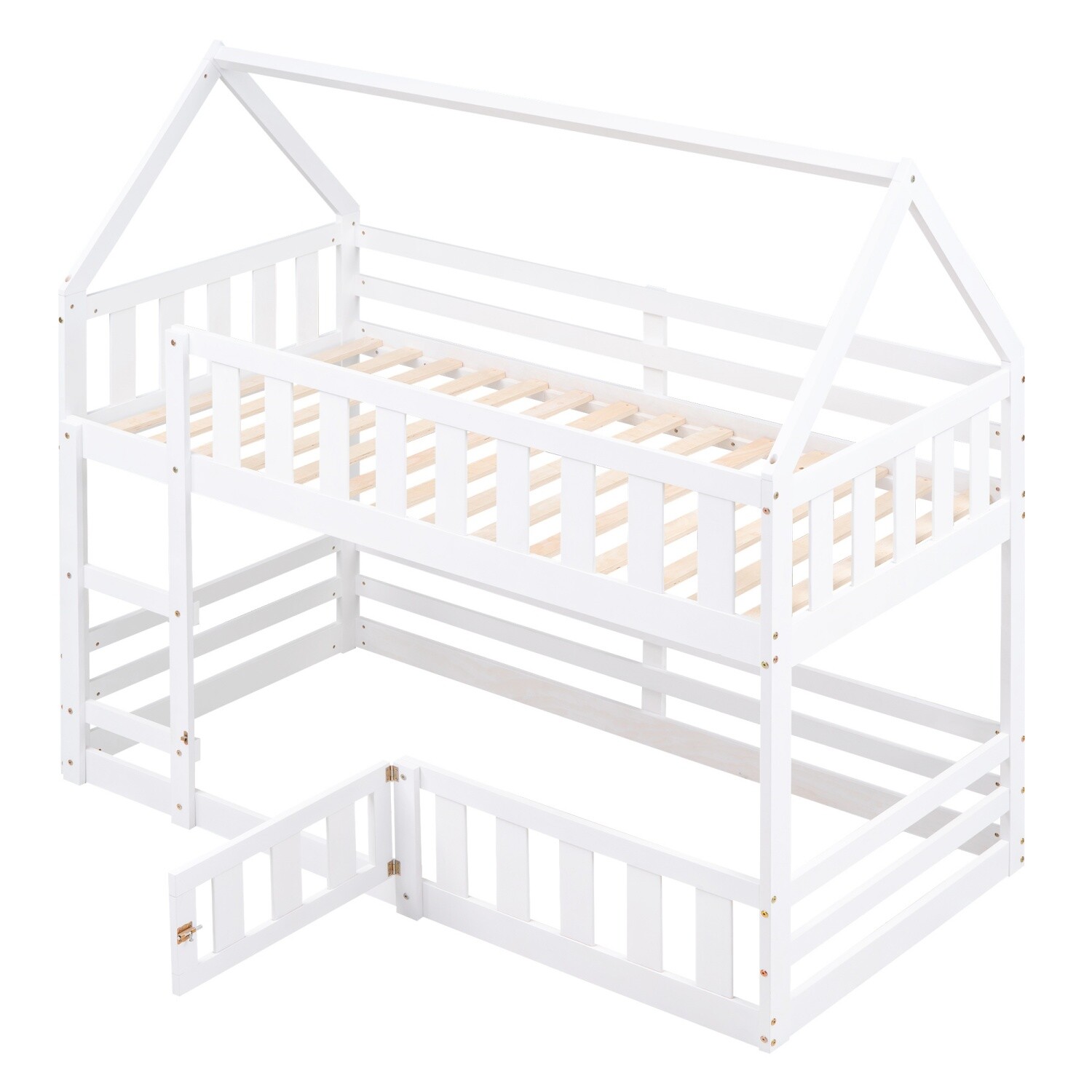 Twin Over Twin Bunk Bed WoodEN Bunk Bed Frame w/ Ladder White/Gray