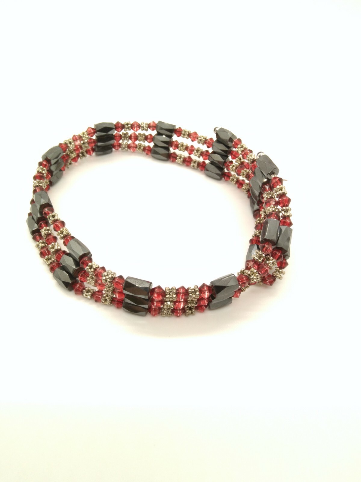 Artisan Silver Tone Hematite Red Bead Magnetic Wrap Bracelet