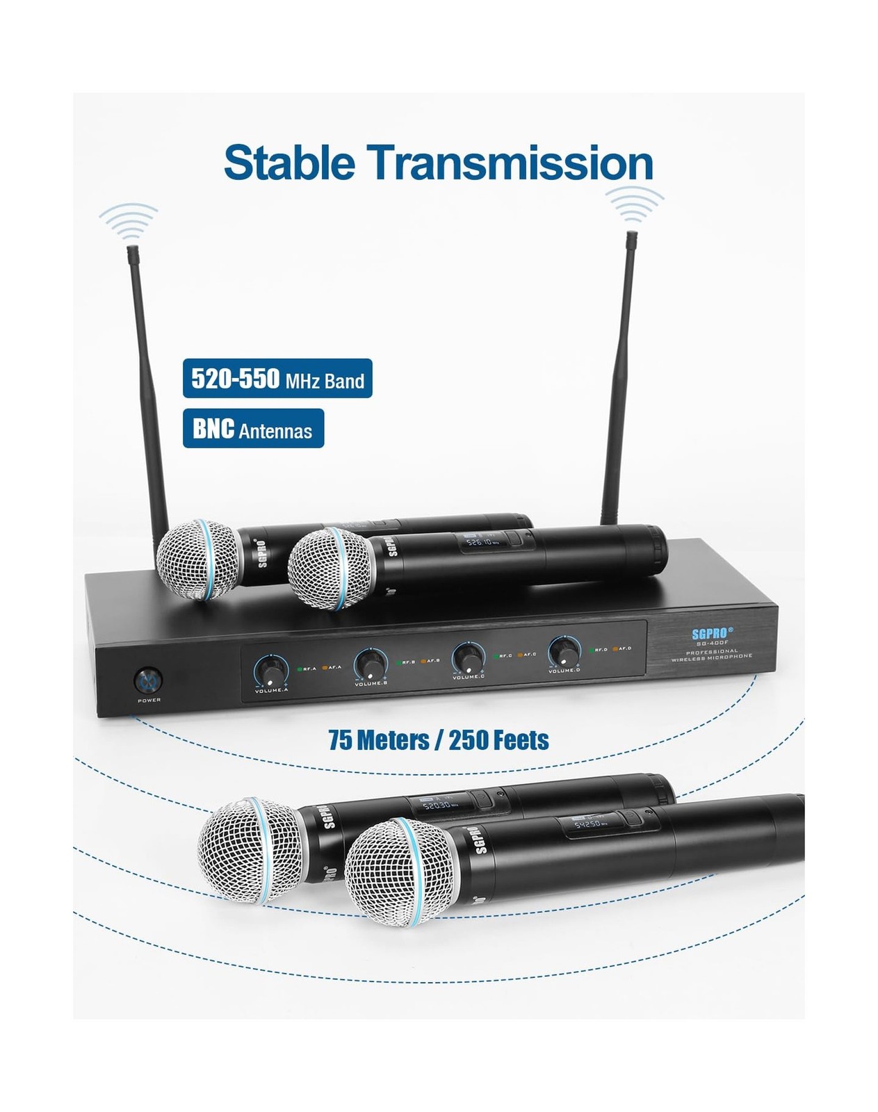 4-Channel Wireless Microphone System - 250Ft Range, Metal Mics & Receiver, Fi...