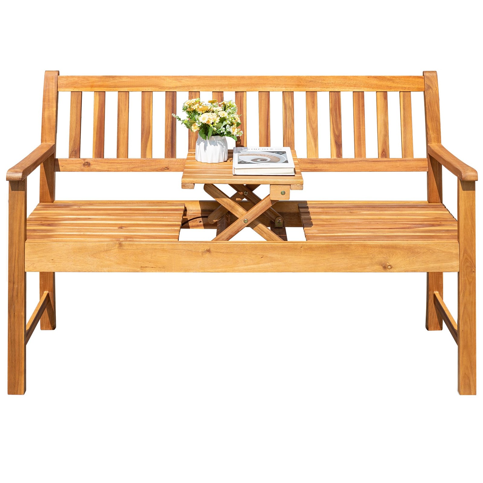 Outdoor Bench 2 Person Acacia Garden Chair Patio Porch with Foldable Table Plate