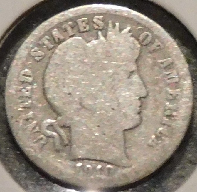 Silver Dime - Barber - 1910-D (Worn + brightly cleaned.) - Set Break