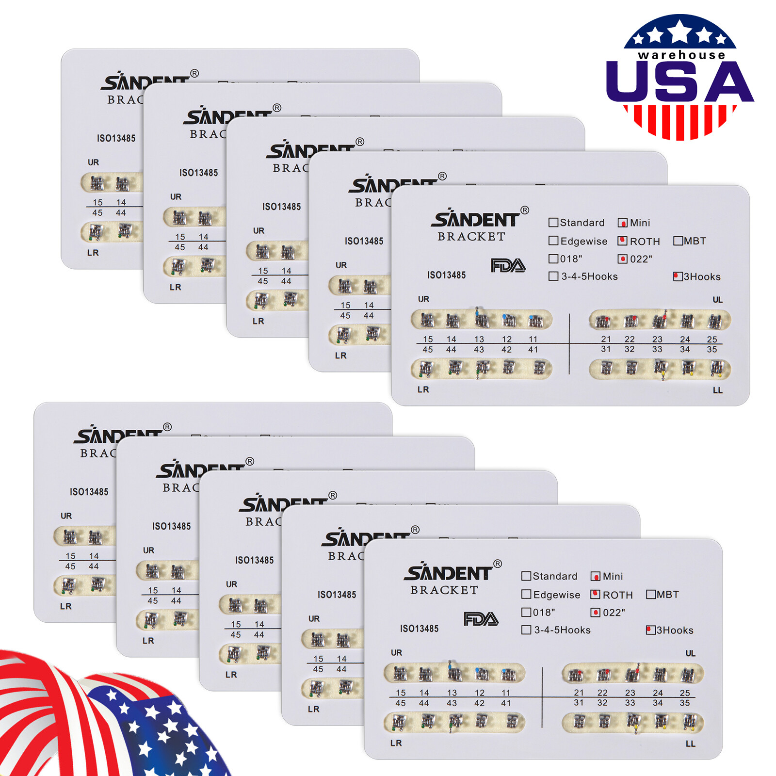 200Pcs Dental Orthodontic Braces Bracket Mini Roth 022"Slot 3 Hooks 10 Packs