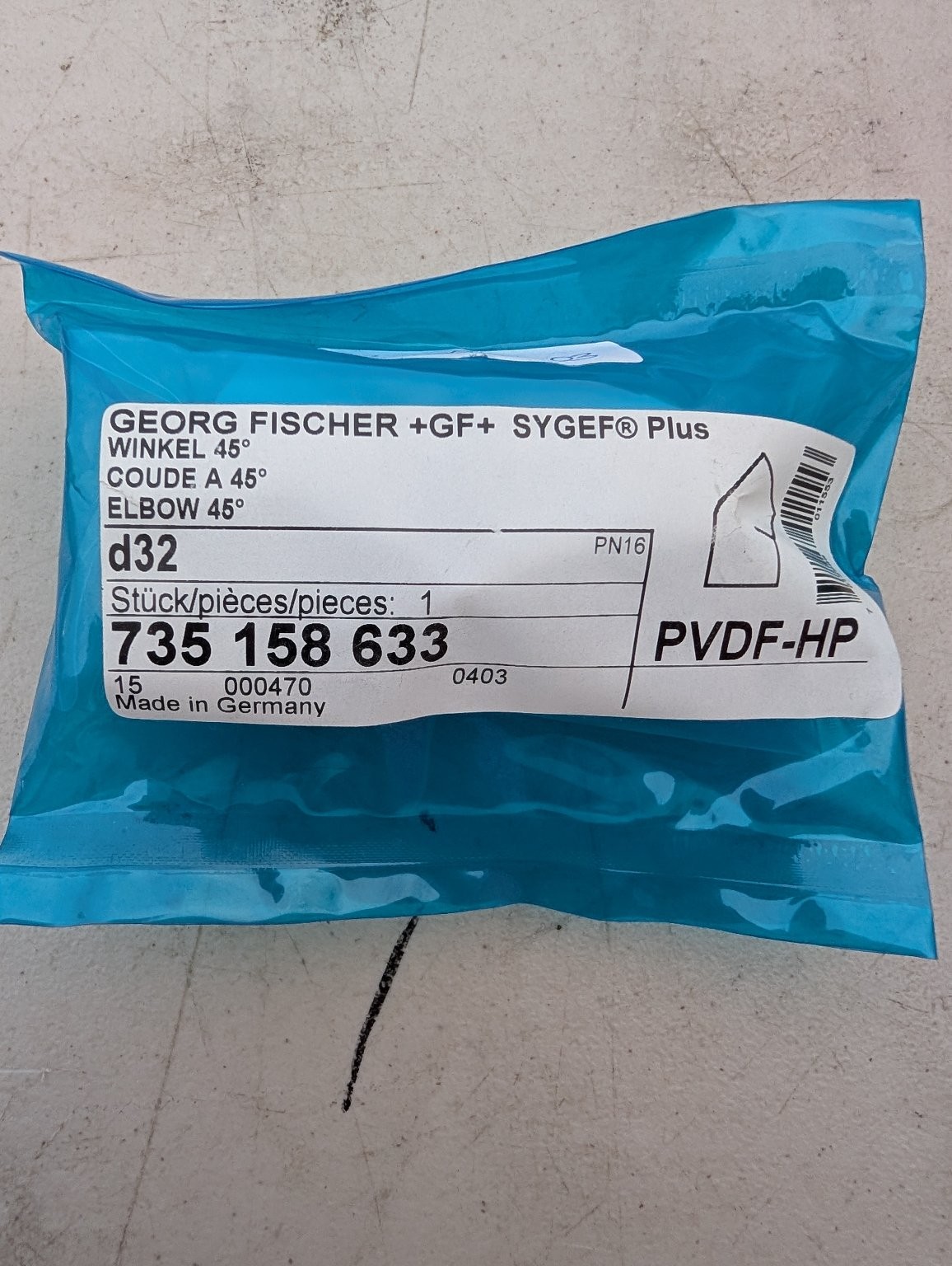 Georg Fischer +GF+ SYGEF Plus Elbow 45° PVDF-HP d32 PN16 Made Germany