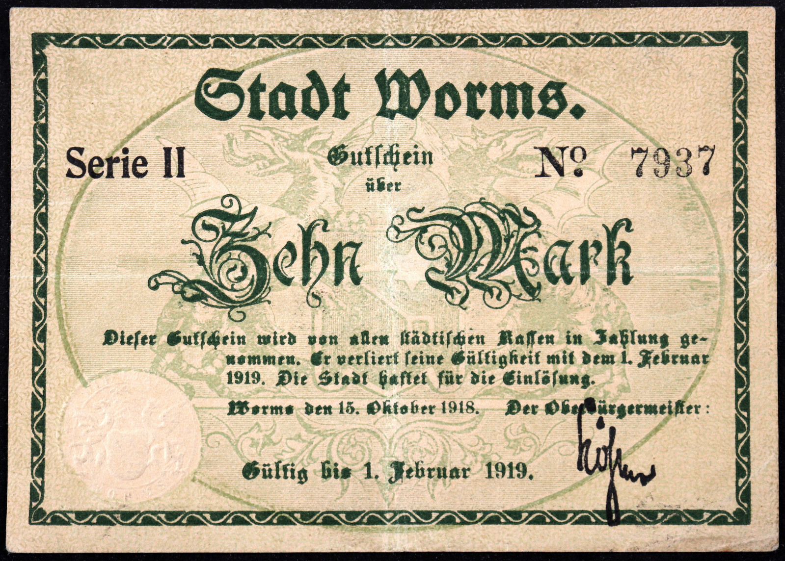 WORMS 1918 10 Mark Grossnotgeld German Notgeld Banknote