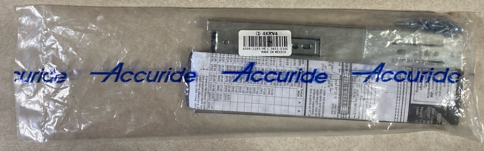 ACCURIDE C 3832-E10D Drawer Slide,Lever,9-53/64 In. L,PK2 4KRV4, Soft Close