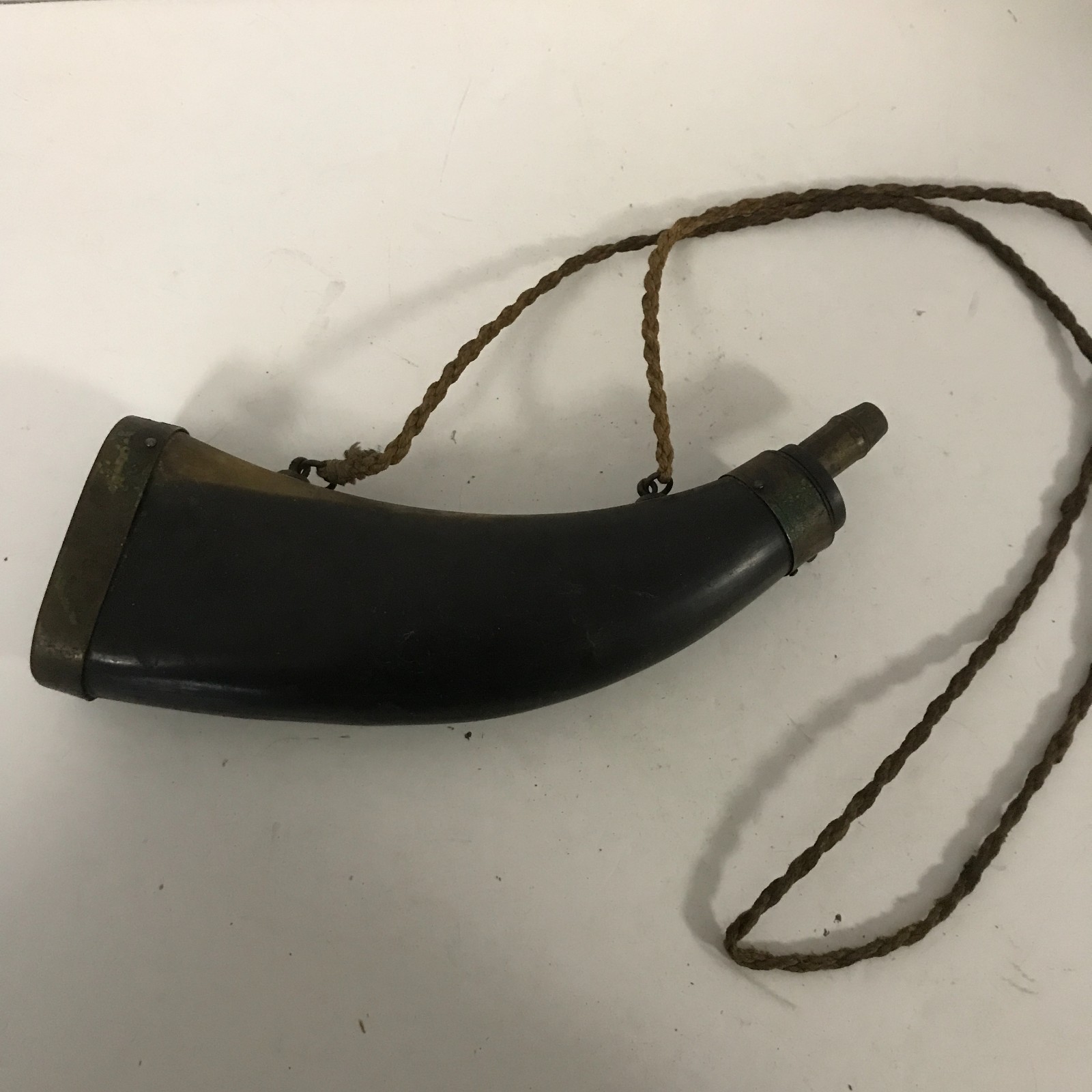 Antique Vintage Powder Horn 9" Long Leather Cord Brass Cover 2.5x1.25" European?