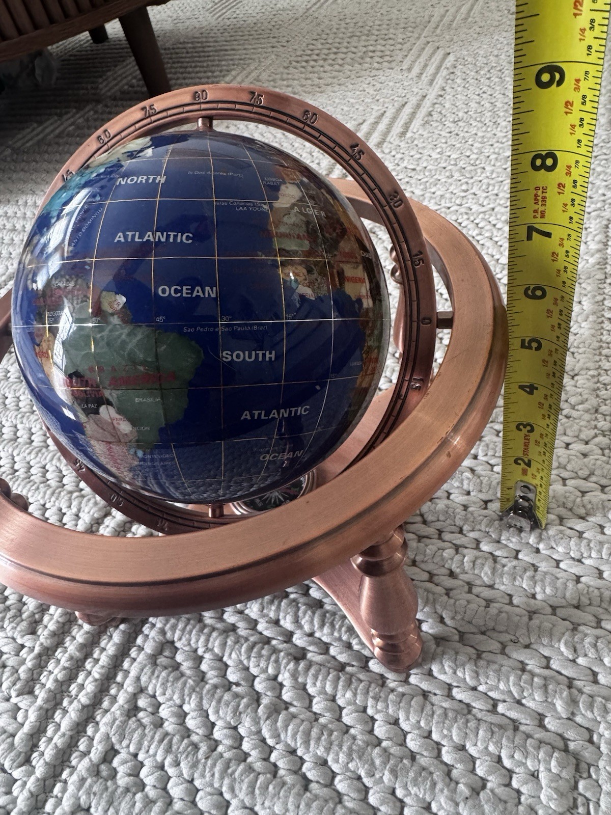 Semi-Precious Gemstone Globe 9” In Copper Tone Stand with Compass