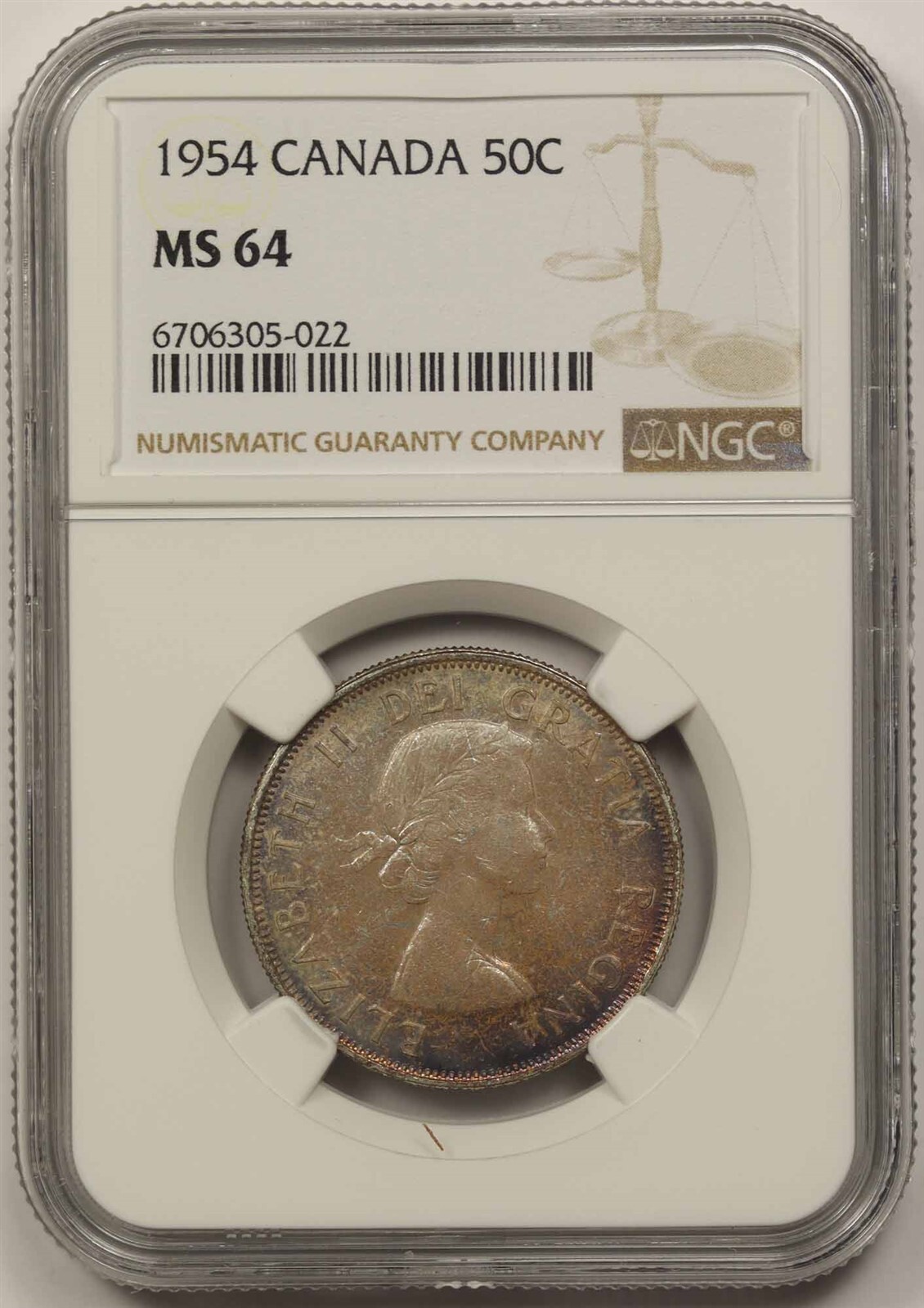 1954 Canada 50C NGC MS 64 (Toned) Silver Half Dollar