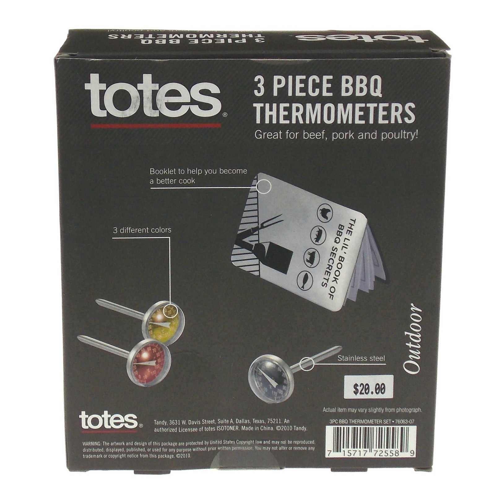 Totes 3 Piece Outdoor BBQ Thermometer Barbeque Set Stainless Steel Xmas Gift Lot