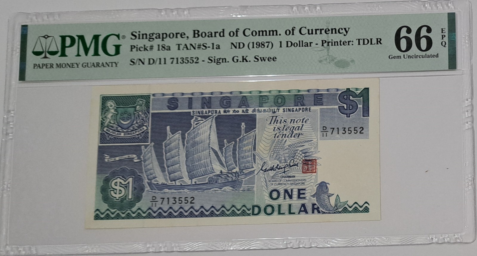 SINGAPORE 1987 Board of Comm. of Curreny1 Dollar SN#D11713552 PMG 66 EPQ Note