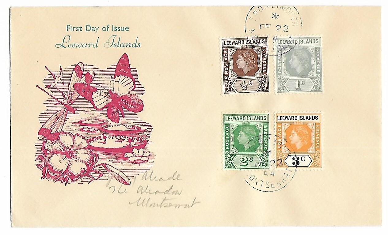 Leeward islands 1954 4 QE issues FDC with a Miss Hodson  cachet