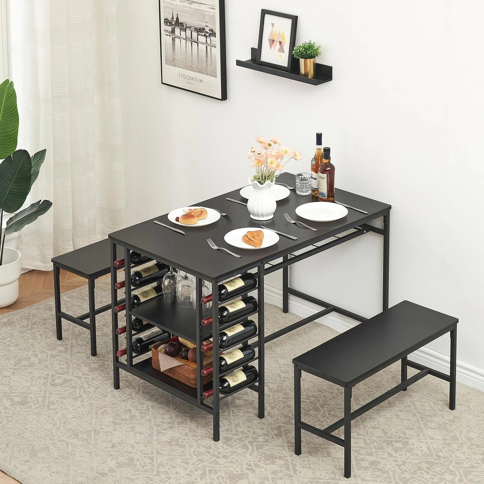 Kitchen Dining Table Set Storage Racks Wine Shelf Space Saving 2 Benches Seats 4