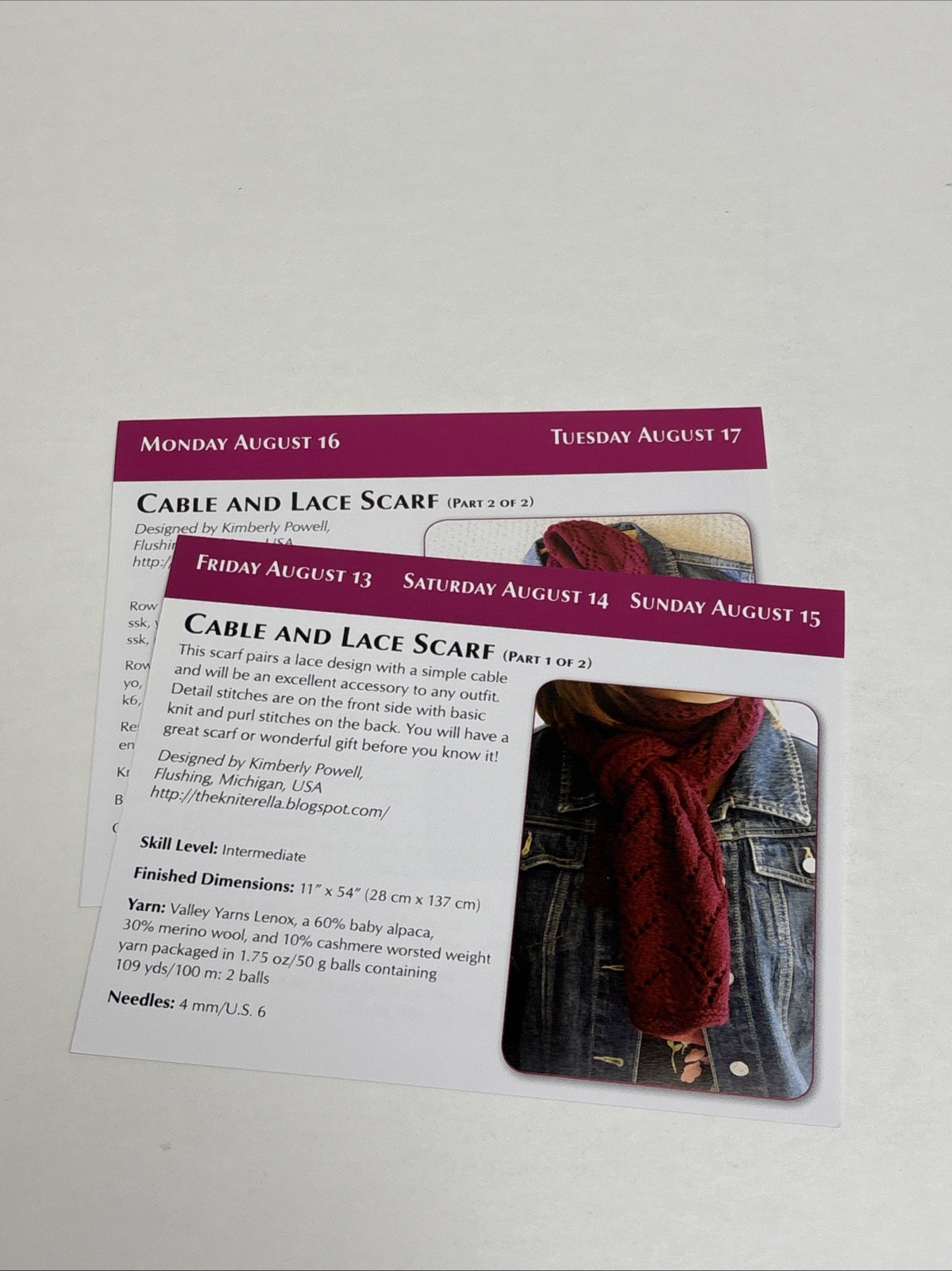 Cable and Lace Scarf Knitting Pattern Cards Pages