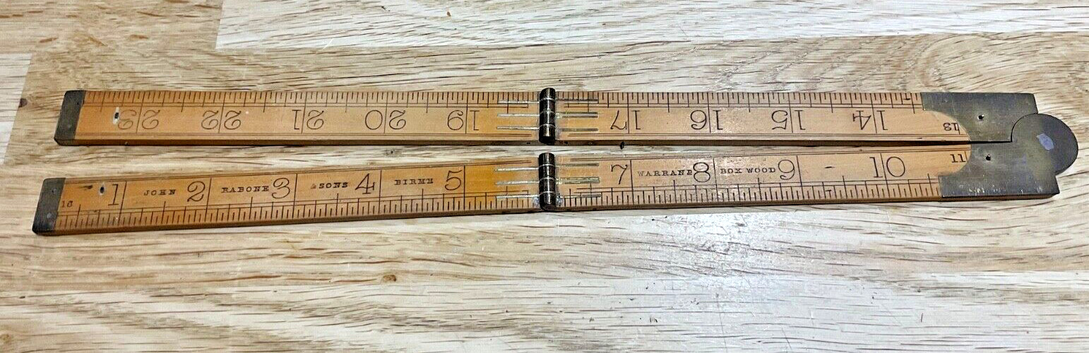 VINTAGE JOHN RABONE & SONS 24” BOXWOOD & BRASS FOLDING RULE