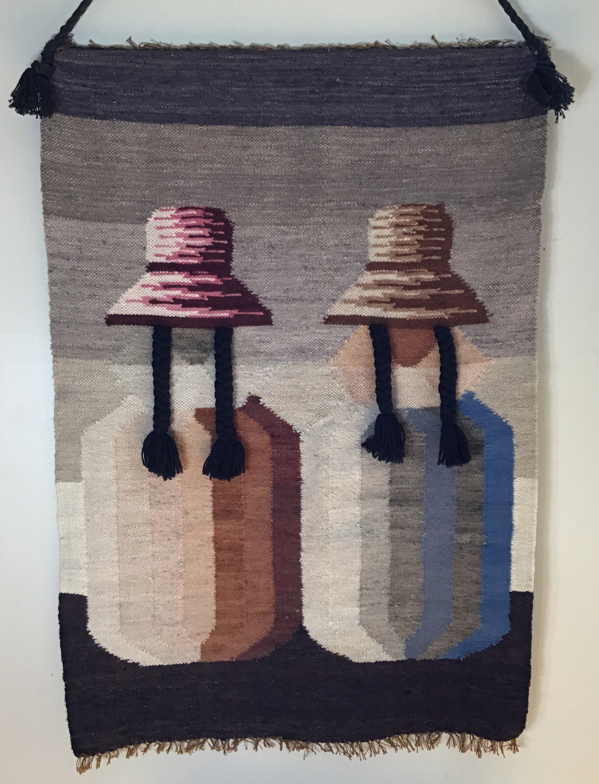 Vintage Woven Wool Tapestry Wall Hanging Peruvian Hats Braids Abstract