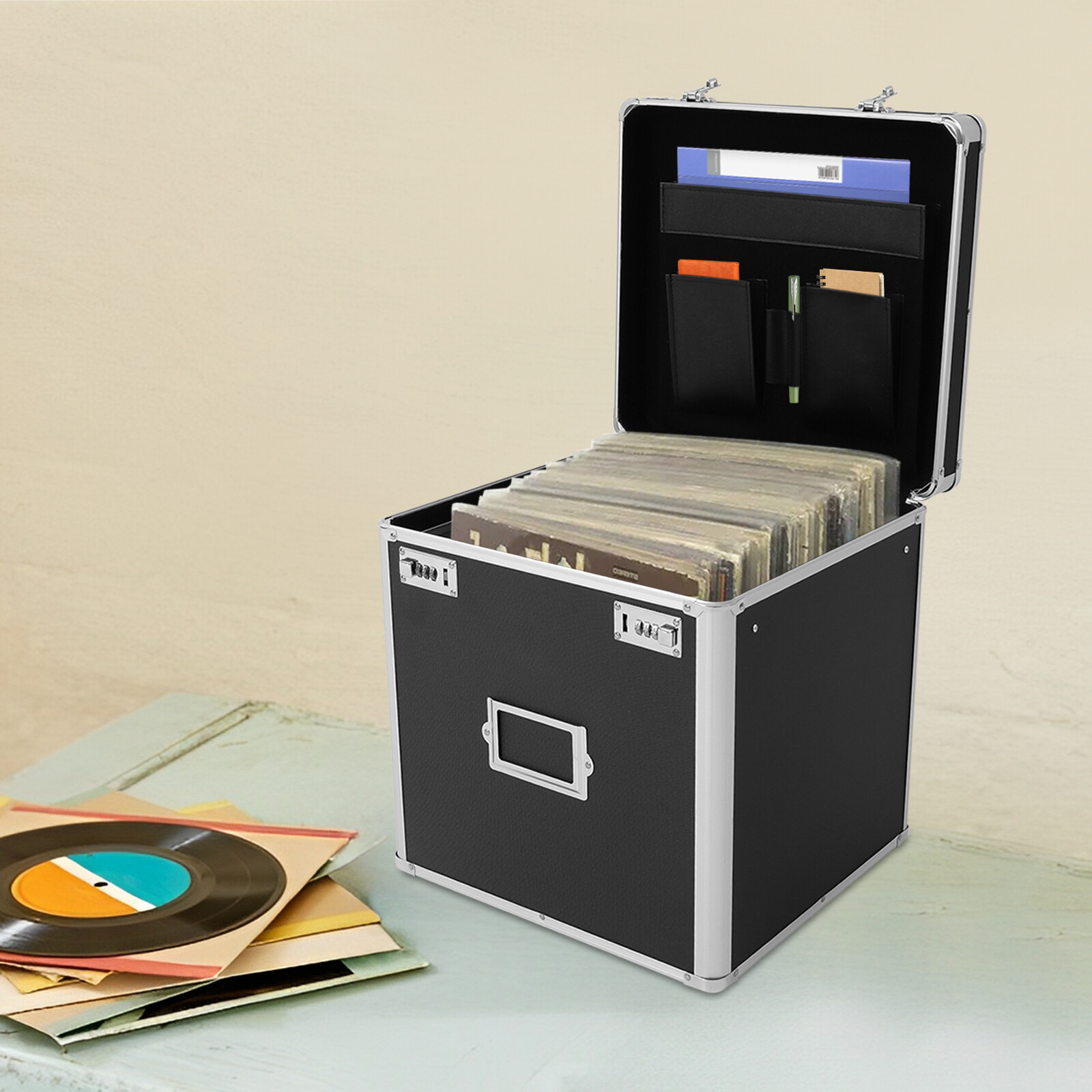 Vinyl Record Storage Case Aluminium Waterproof Holds 50 LPs, 12" Sleeves Black