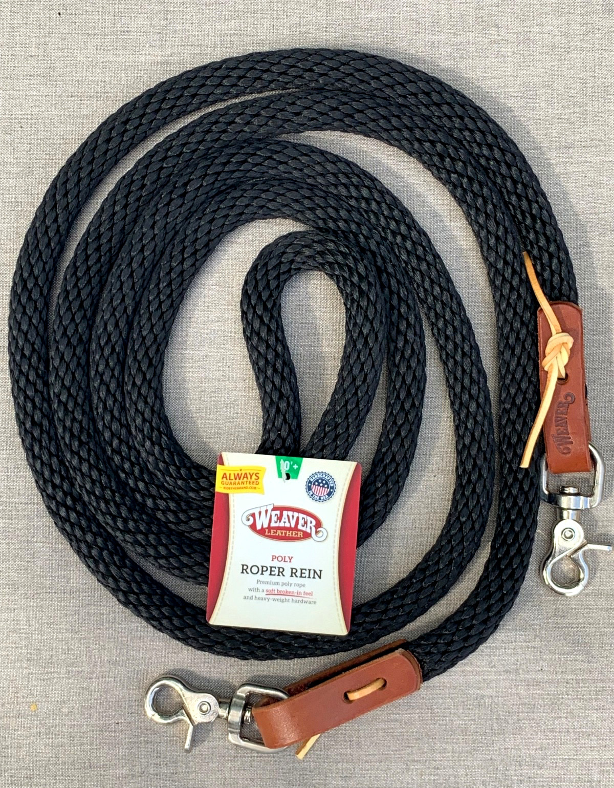 10' WEAVER Premium 5/8" Black Poly Rope Reins, Waterloop Tie Ends, Scissor Snaps