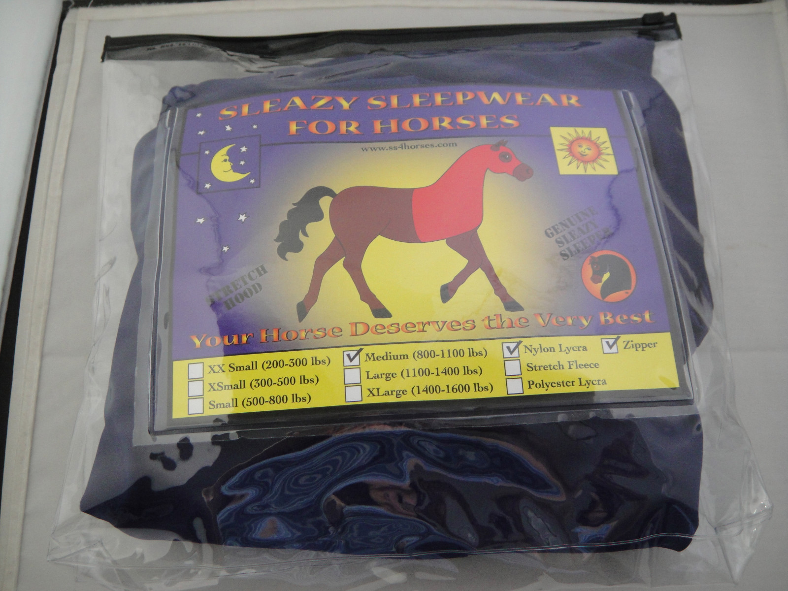 New Sleazy Sleepwear for Horses Stretch Neck Zipper Hood Nylon Navy Mane Tamer