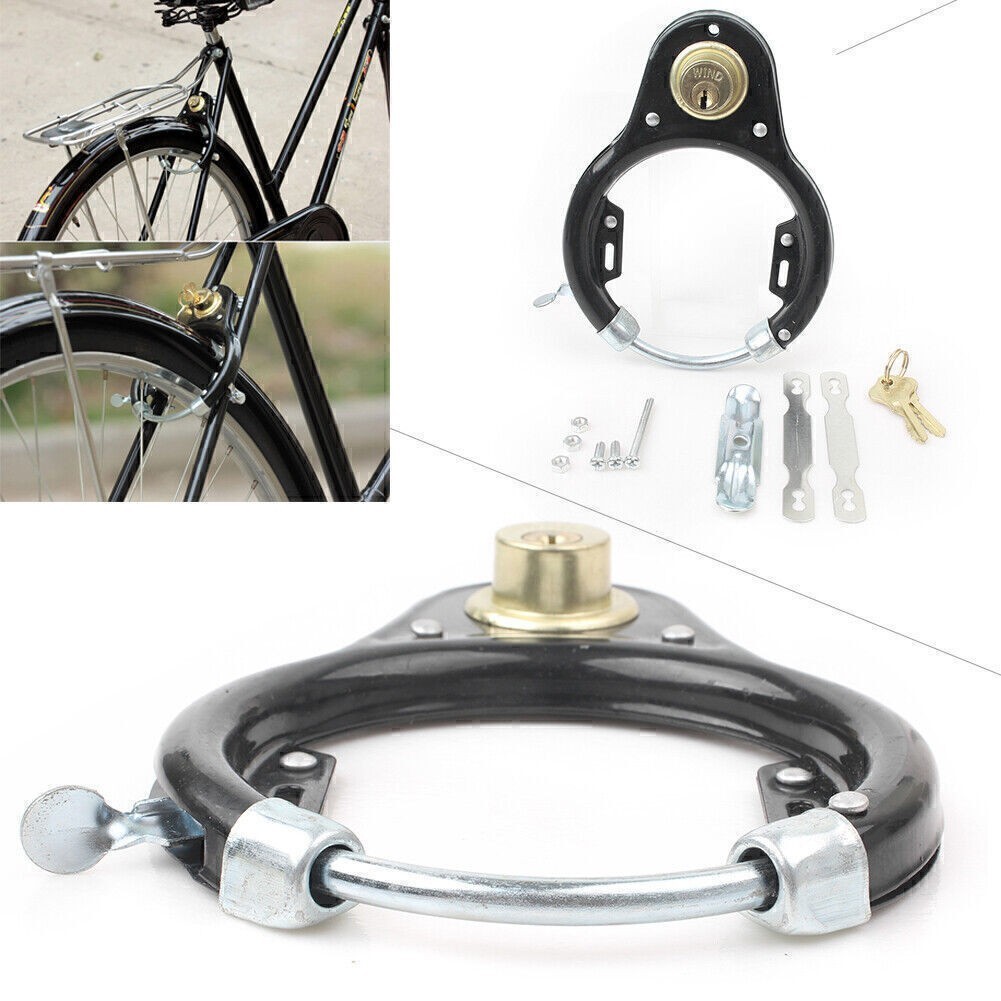 1x Vintage Bicycle U-Lock Bike Wheel Lock Set w/ keys Iron Anti-theft Black