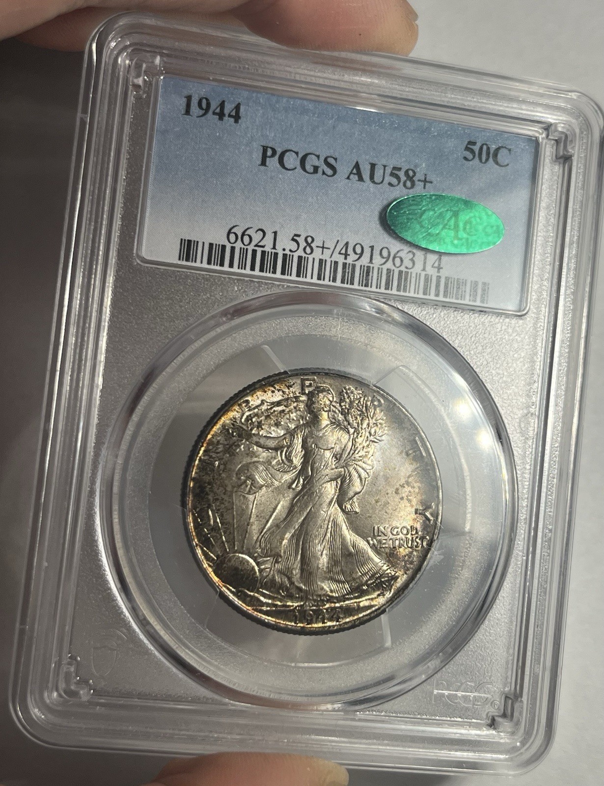 1944 WALKING LIBERTY SILVER HALF DOLLAR  GRADED PCGS AU58+ PLUS CAC
