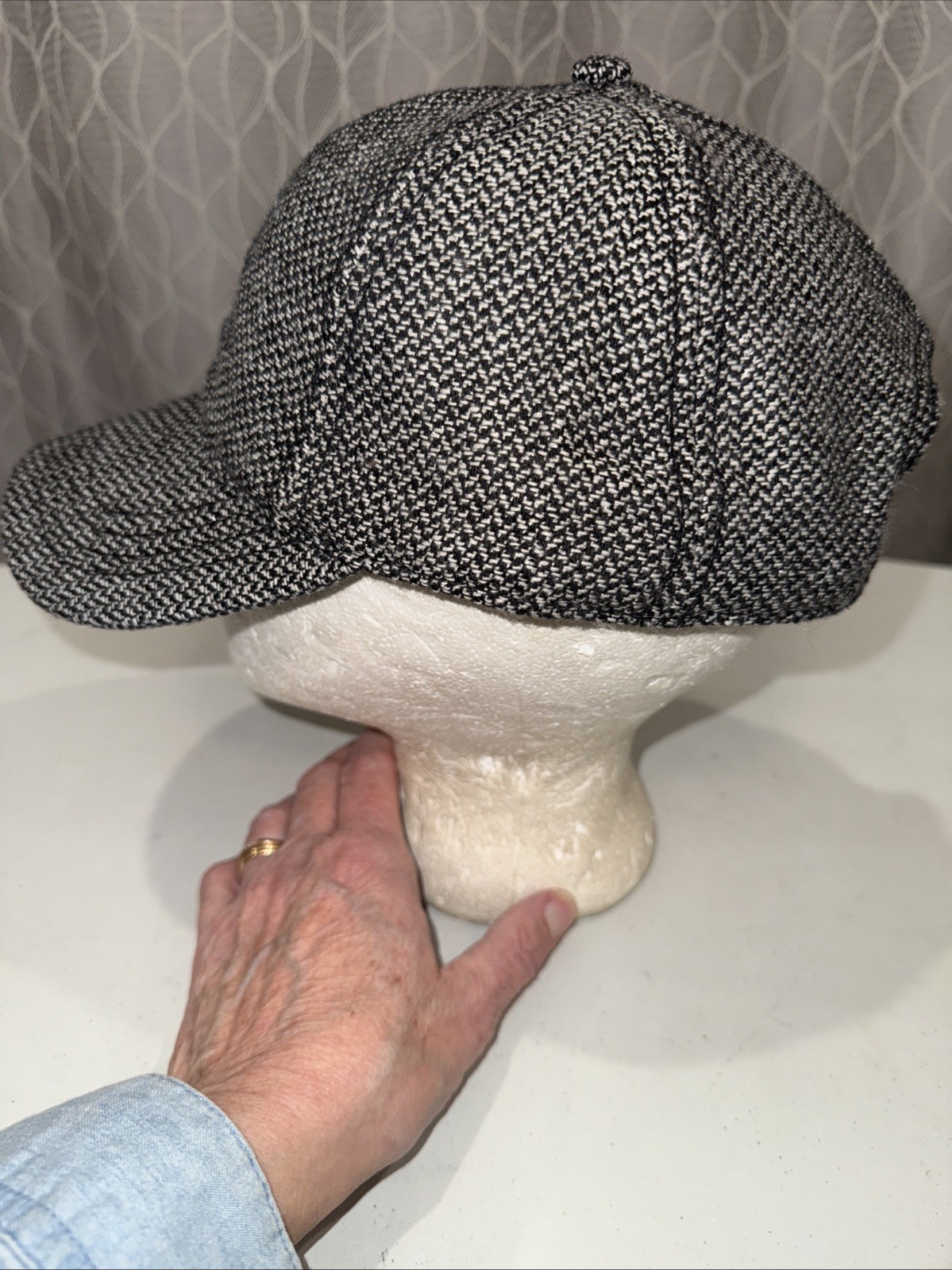 Tweed Black White Look Fabric on 6 panel Hat Cap Hook Loop EUC