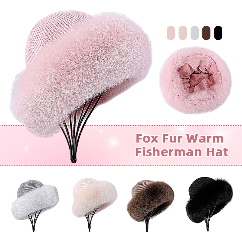 Women faux Fox Fur Hat Knitted Stretch Cap Bowler Top Hat Fox Fur Brim Winter