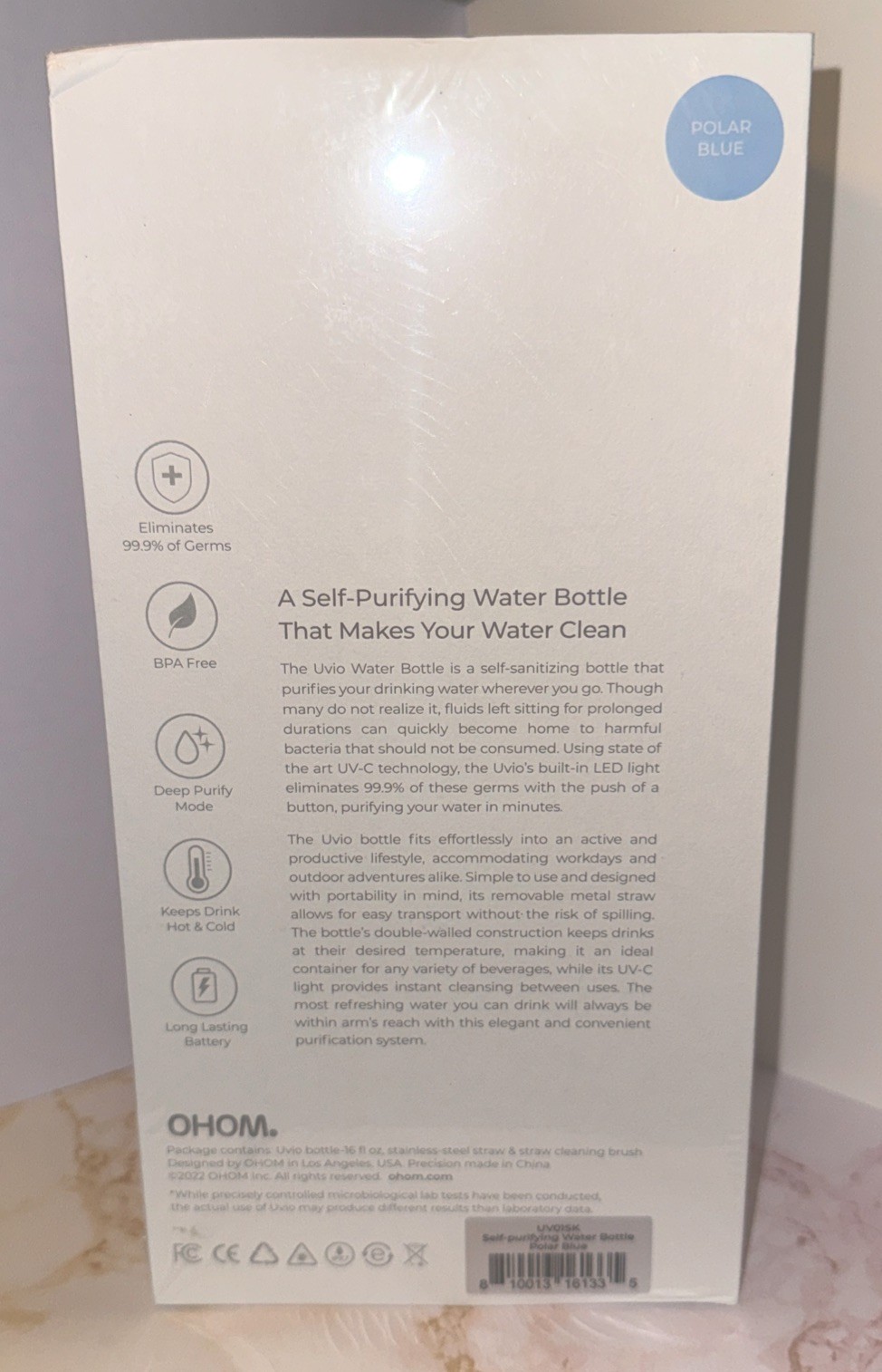 Uvio Self-Purifying Water Bottle - Polar Blue