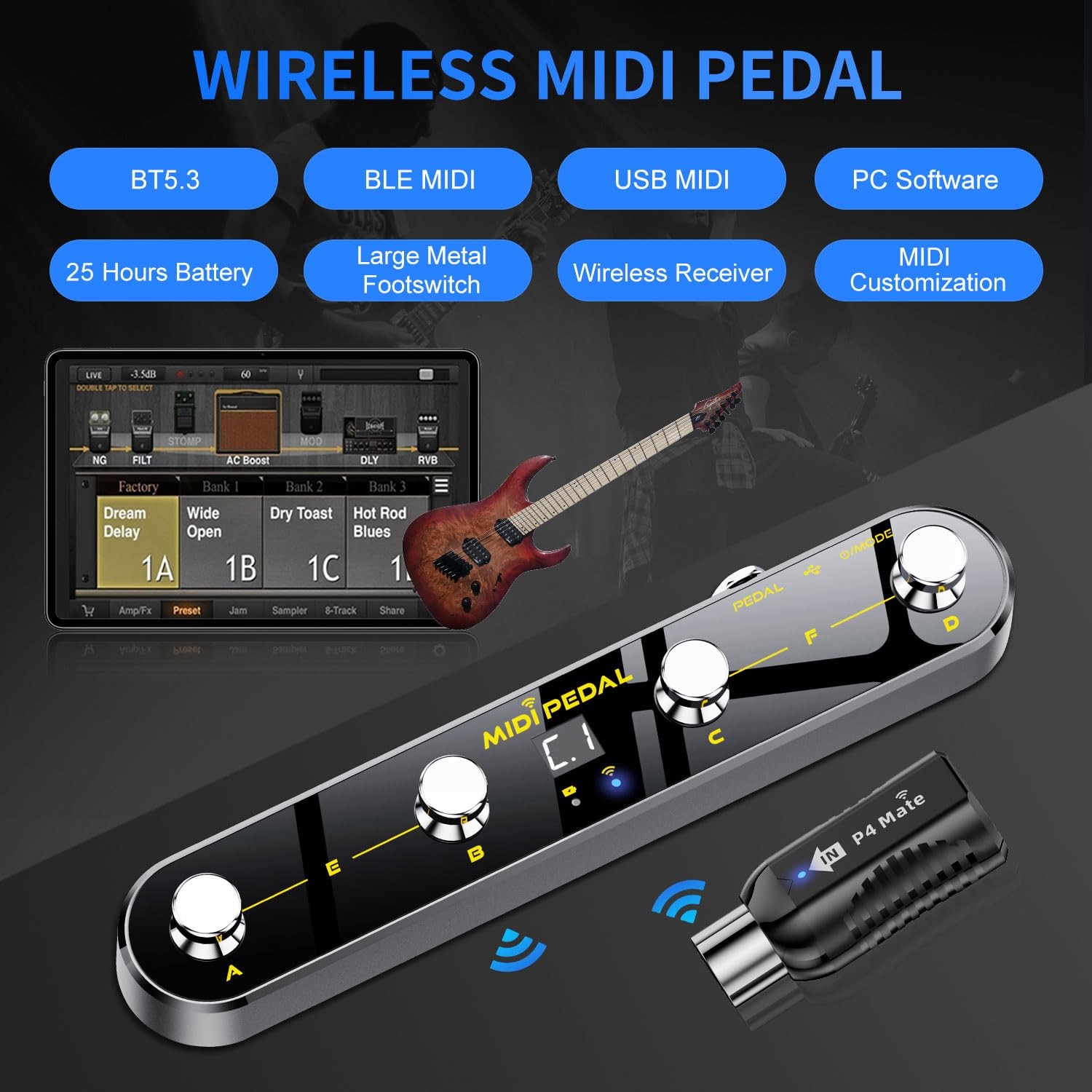 Wireless MIDI Foot Controller Pedal with Mate MIDI Receiver, 4 Customizable Foot