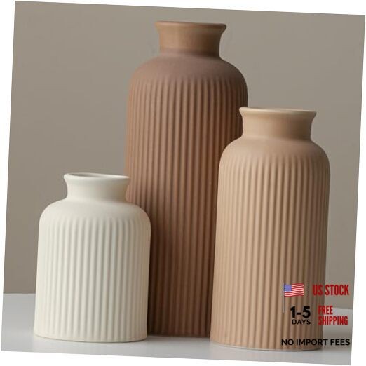Large Modern Ceramic Vase Set, Coffee Ribbed Matte Design, 3 Large Coffee Mix