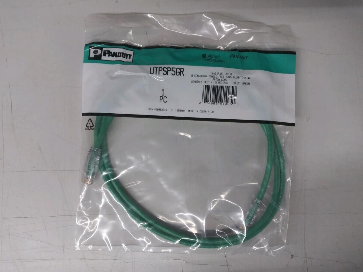 Panduit UTPSPS5GR TX-6 PLUS Cat 6 8 Conductor Tangle-Free RJ45 5 Feet Green
